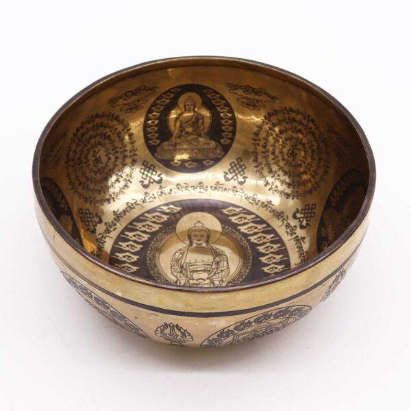 Tibetan Healing Engraved Singing Bowl – Five Buddhas (21cm) - Image 4