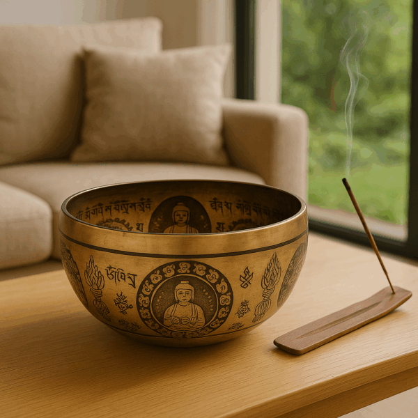 Tibetan Healing Engraved Singing Bowl – Five Buddhas (21cm) - Image 2